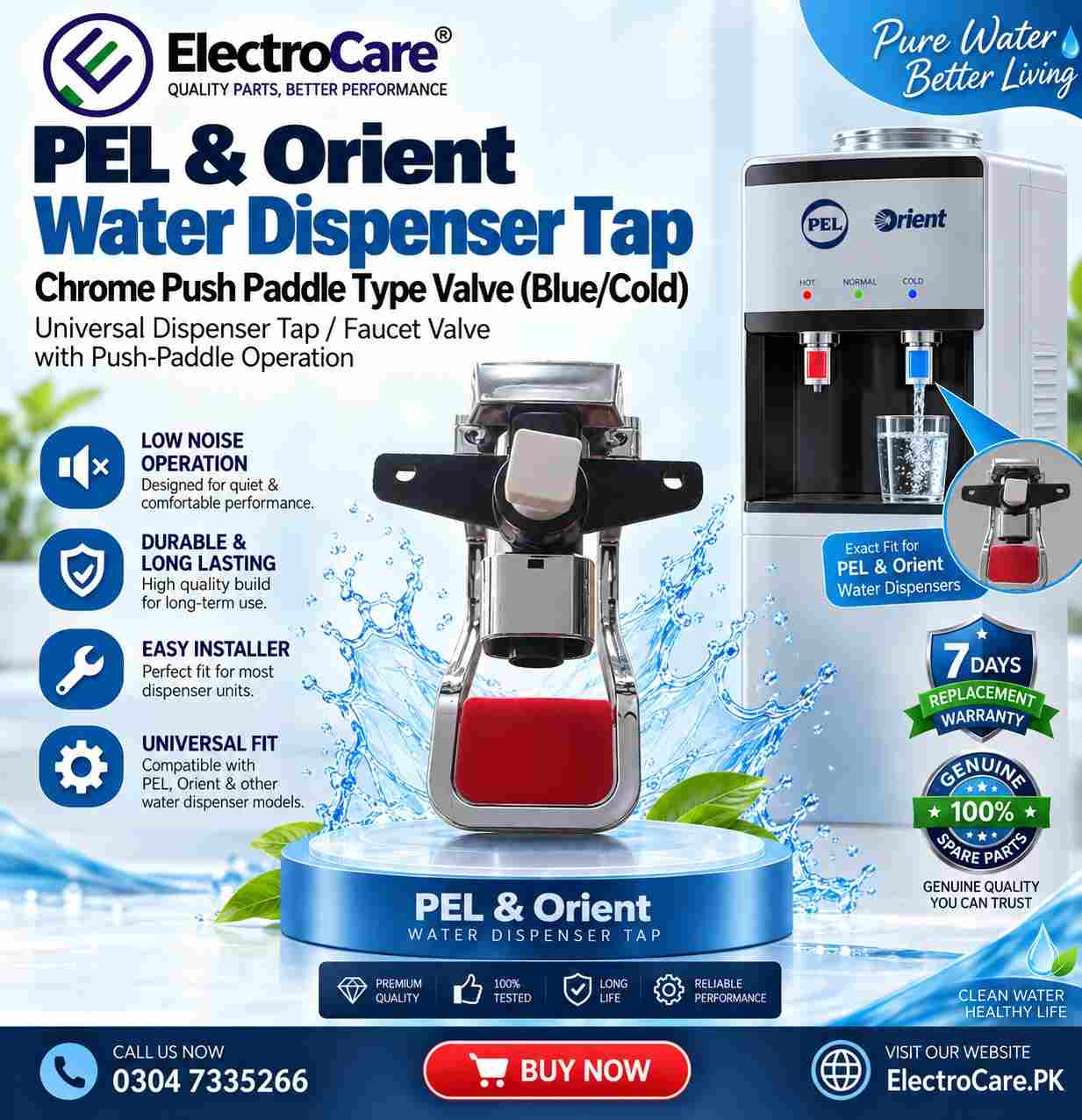 497036d2-28c3-4a11-af18-bfc4a0a9790-100kb PEL & Orient Water Dispenser Tap – Chrome Push Paddle Type Valve (Blue/Cold) - Image 1
