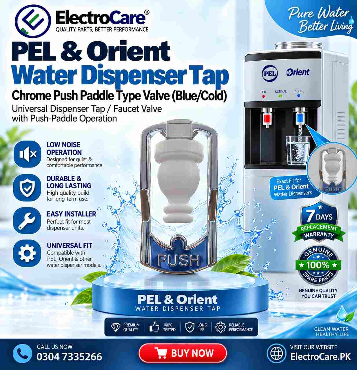 ChatGPT Image Sep 2 2026 04_26_12 P-100kb AIMEX, NIKKEN, HOMELAND, ANNSATION Water Dispenser Tap – Chrome Push Paddle Type Valve (Blue/Cold) - Image 1