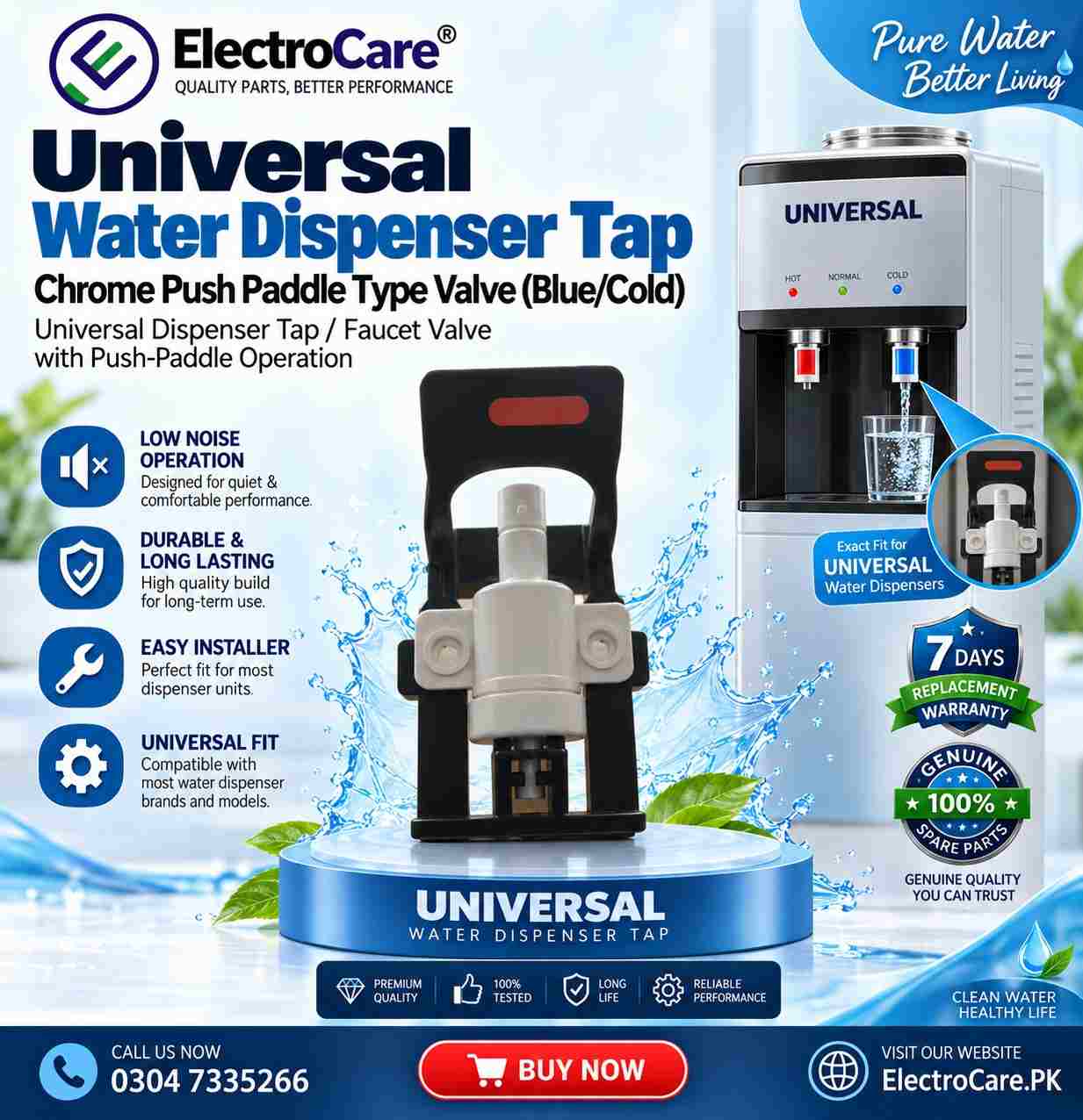 ec4079b7-0f88-4787-bd01-a8445e3b50d-100kb UNIVERSEL Water Dispenser Tap – Chrome Push Paddle Type Valve (Blue/Cold) - Image 1